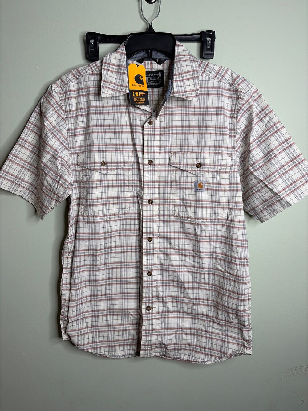 Carhartt Men's Rugged Flex Relaxed Fit Short Sleeve Plaid Button Up Medium